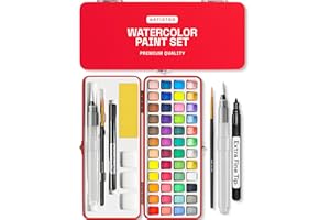ARTISTRO Watercolor Paint Set in Portable Box, Includes Metallic and Fluorescent Paints, 2 x Brushes, Watercolour Paper, Acrylic Markers, Travel kit for Artist and Beginners