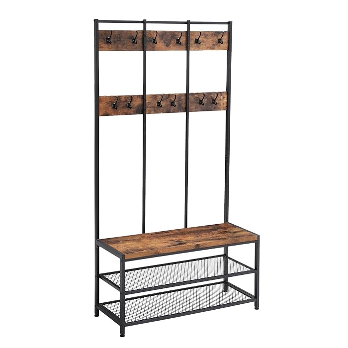 VASAGLE Industrial Coat Rack Shoe Bench, Hall Tree Entryway Storage Shelf, Large Size, Wood Look Accent Furniture with Metal Frame, Easy Assembly UHSR86BX