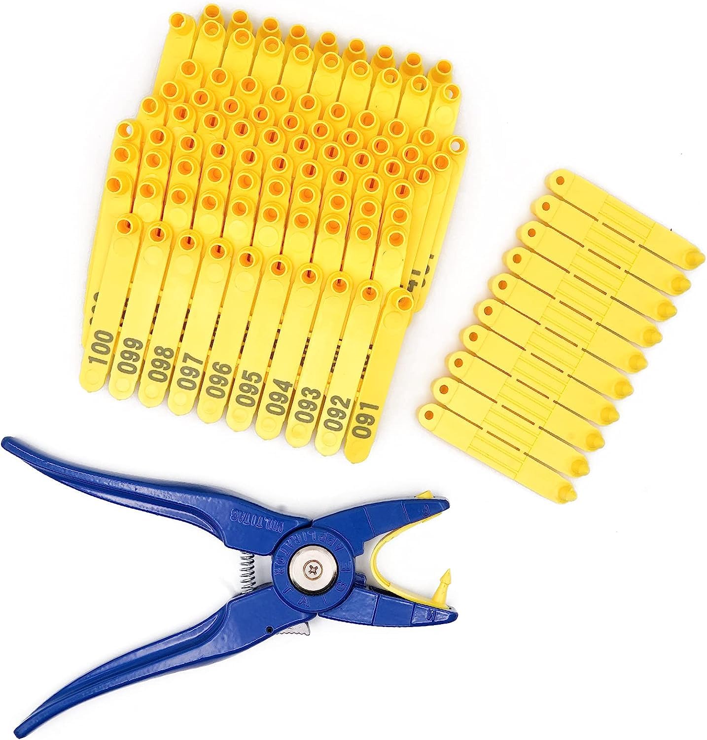 MOGOULUA Ear Tag Pliers with 100pcs Ear Tags for Universal Livestock Applicator Sheep Tagger Puncher Farm Animal Tag Plier Tool for Goat Cattle Cow Pig Horse Ear Tags Installation