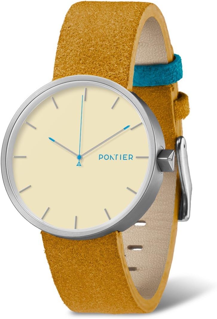 Pontier Castello - Silver watch with beige dial and blue details. Camel leather strap.
