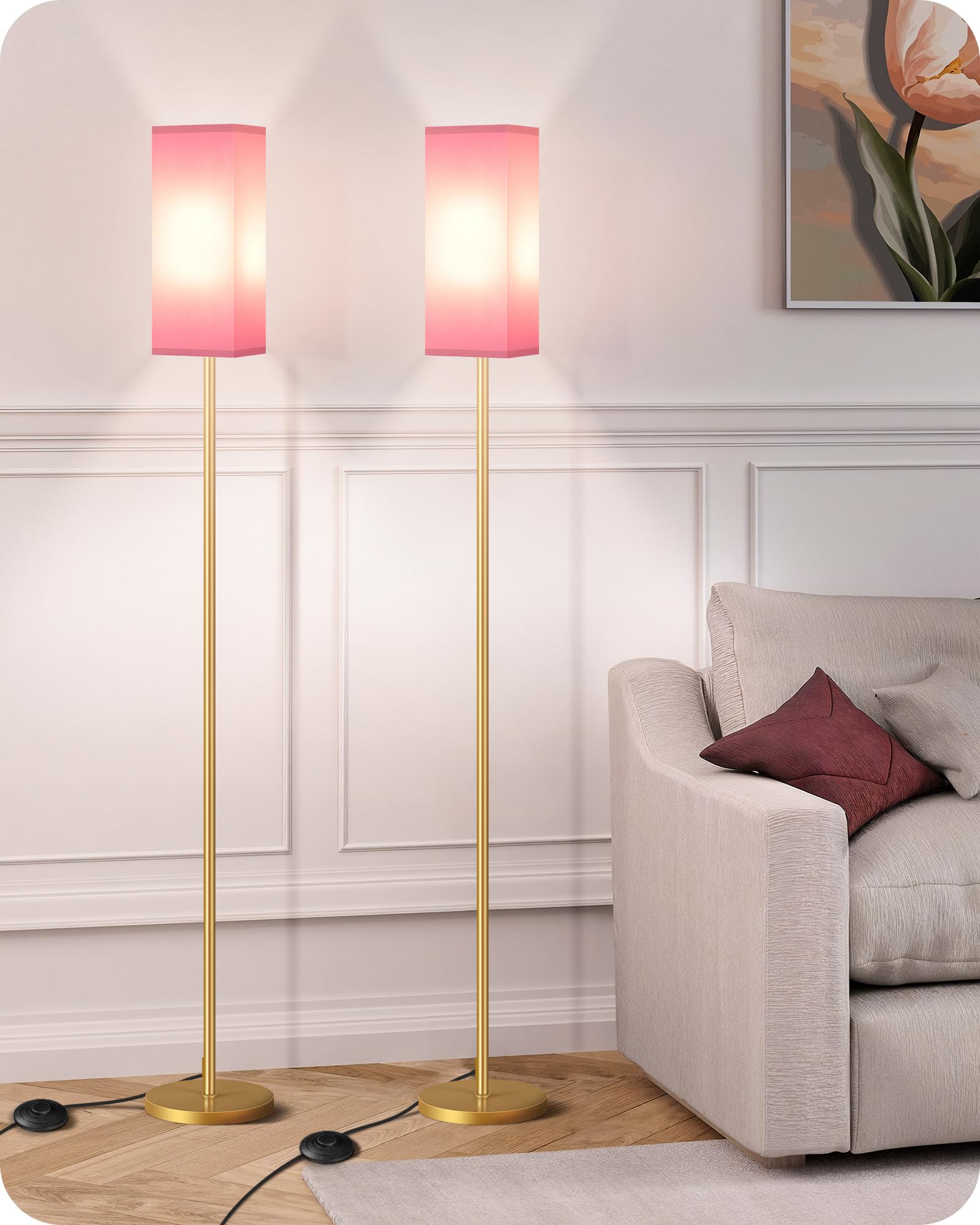 GOEBLESON 2Pack Floor Lamp, Pole with Foot Switch, Modern Standing Lamp Lampshade, Minimalist Freestanding Lamp (Bulb Not Included), for Living Room, Bedroom Office ETL Listed,Gold and Pink DP07LDP205 Image