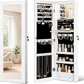 JOYUSAEN Over the Door Jewelry Organizer, Wall Mounted Jewelry Cabinet | Foldable makeup shelf, Built-in makeup mirror, Full length mirror, Hanging storage box, Lockable, 6 LEDs