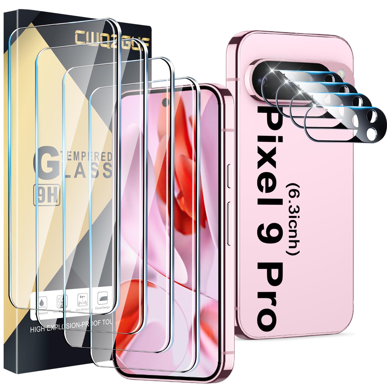 Screen Protector Compatible with Pixel 9 Pro 5G, [4+4 Pack] Camera Lens Protectors, HD Tempered Glass, Fingerprint Unlock Support, Touch Sensitive, Anti Scratch