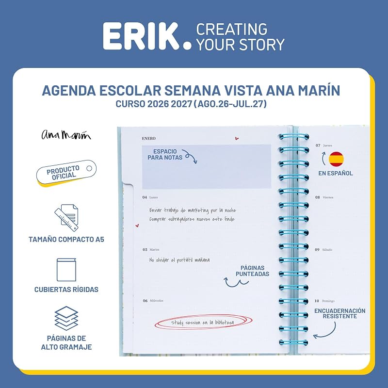 Agenda escolar 2026 2027 Semana Vista Ana Marin en Español