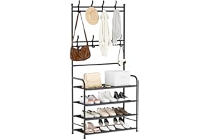 GLSY Entryway Coat Rack, Shoe Rack for Entryway, Coat Rack Freestanding with 4-Tier Storage Shelves and 8 Double Hooks, for Living Room, Bathroom, Hallway, 60CM/23.6 IN