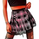 Suillty Women Girls High Waisted Gothic Pleated Skirt Plaid Lace Up A-Lined Mini Skirt Punk Lace Patchwork