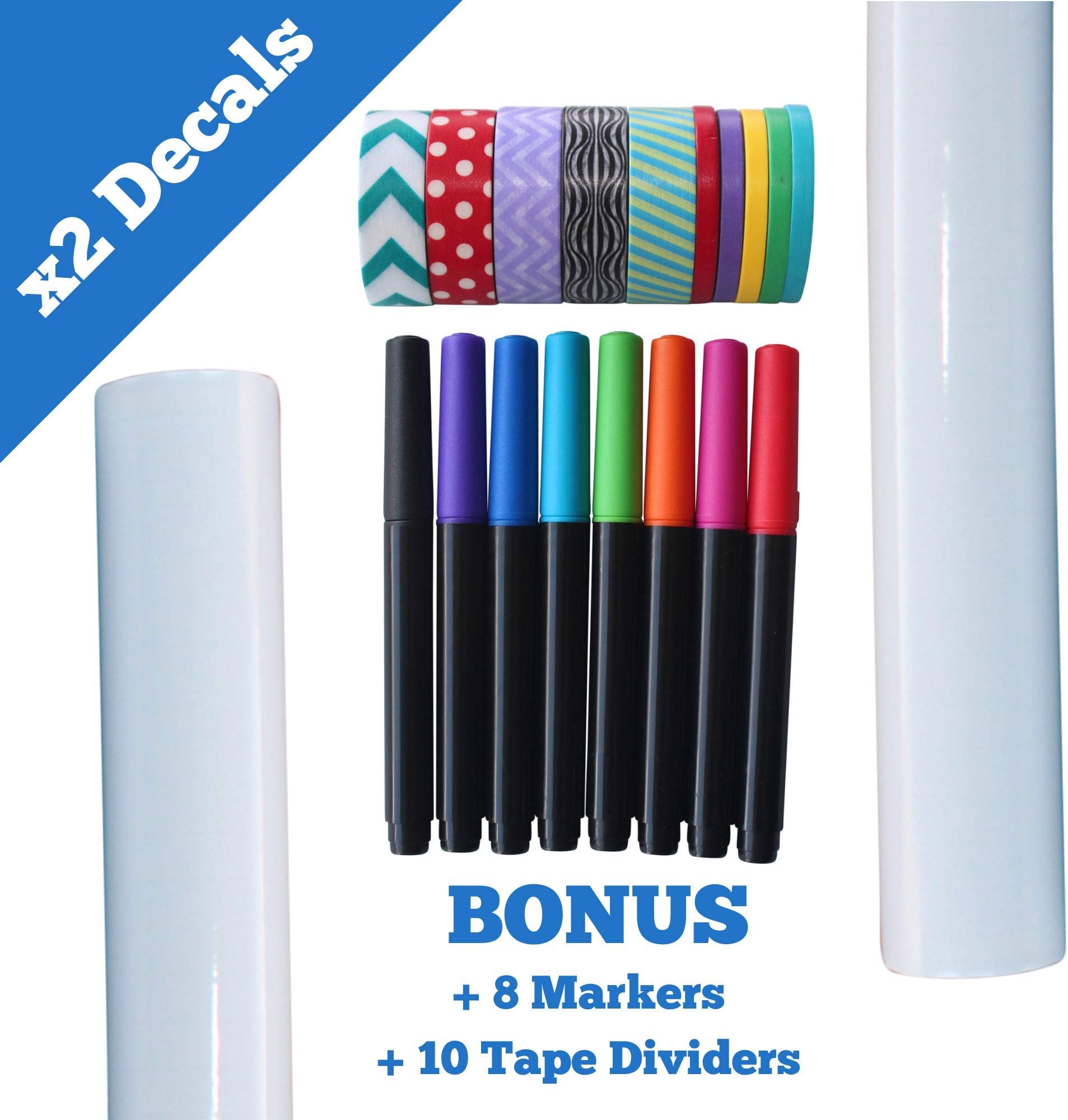 Dry Erase White Board Decal Set with Supplies - 20 Piece Kit with 2 Large Wall Vinyl Decals Fridge Stickers, 8 Marker Pens, 10 Washi Tape Dividers - Easy to Wipe Clean by Wonderful Washi