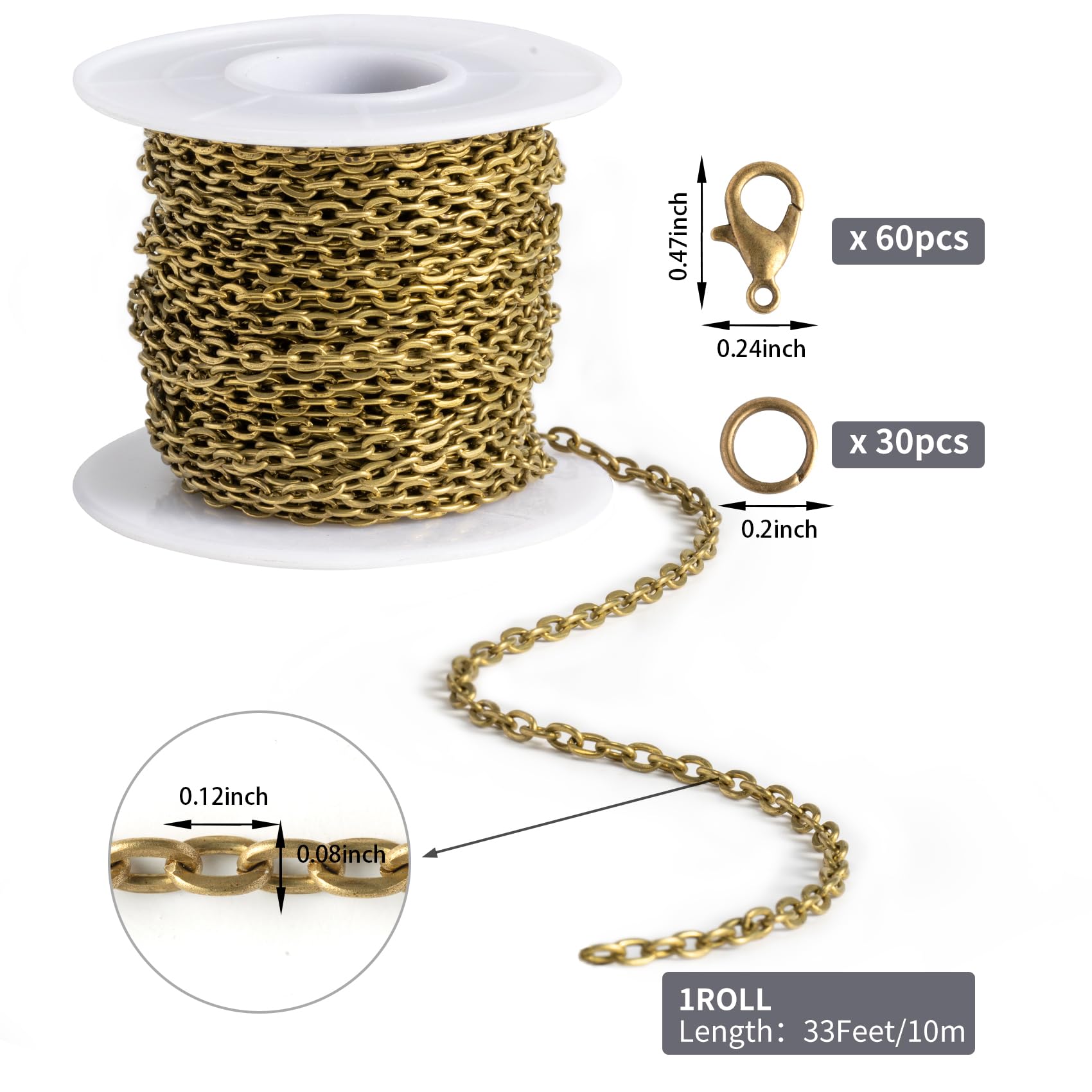 Lemonkey 33 Feet Metal Bronze Necklace Chains Cable O-Shaped Links Chains Bulk for Jewelry Making DIY Craft Kit with Lobster Clasps Jump Rings