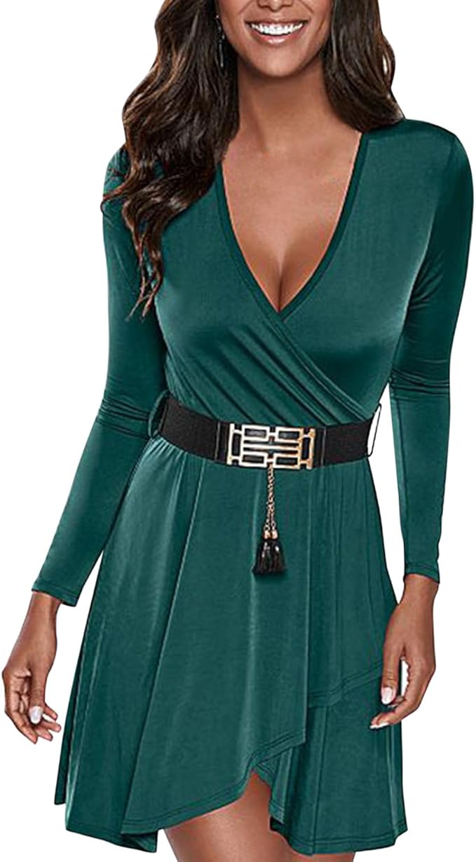 LAEMILIA Damen Kleid Langarm Abendkleid V-Ausschnitt Midi