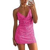 MIYIEONZ Women's Sequin Sparkly Glitter Dress Sexy Sleeveless Backless Spaghetti Strap Party Club Bodycon Mini Dress