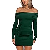 OWIN Women's Fall Off The Shoulder Ruched Bodycon Mini Dress Long Sleeve Ribbed Knit Fitted Club Party Dresses