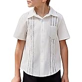 Arshiner Boys Guayabera Shirt Short Sleeve Cotton Linen Button Down Shirt Summer Beach Tops with One Pocket