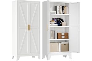 WASHSEMBA 61" Tall Farmhouse Metal Pantry Cabinet, Kitchen Pantry Storage Cabinets with 2 Barn Door and Adjustable Shelves,Metal Pantry Storage Cabinet,for Kitchen,Laundry Room,Home Office,Kids Room (White)