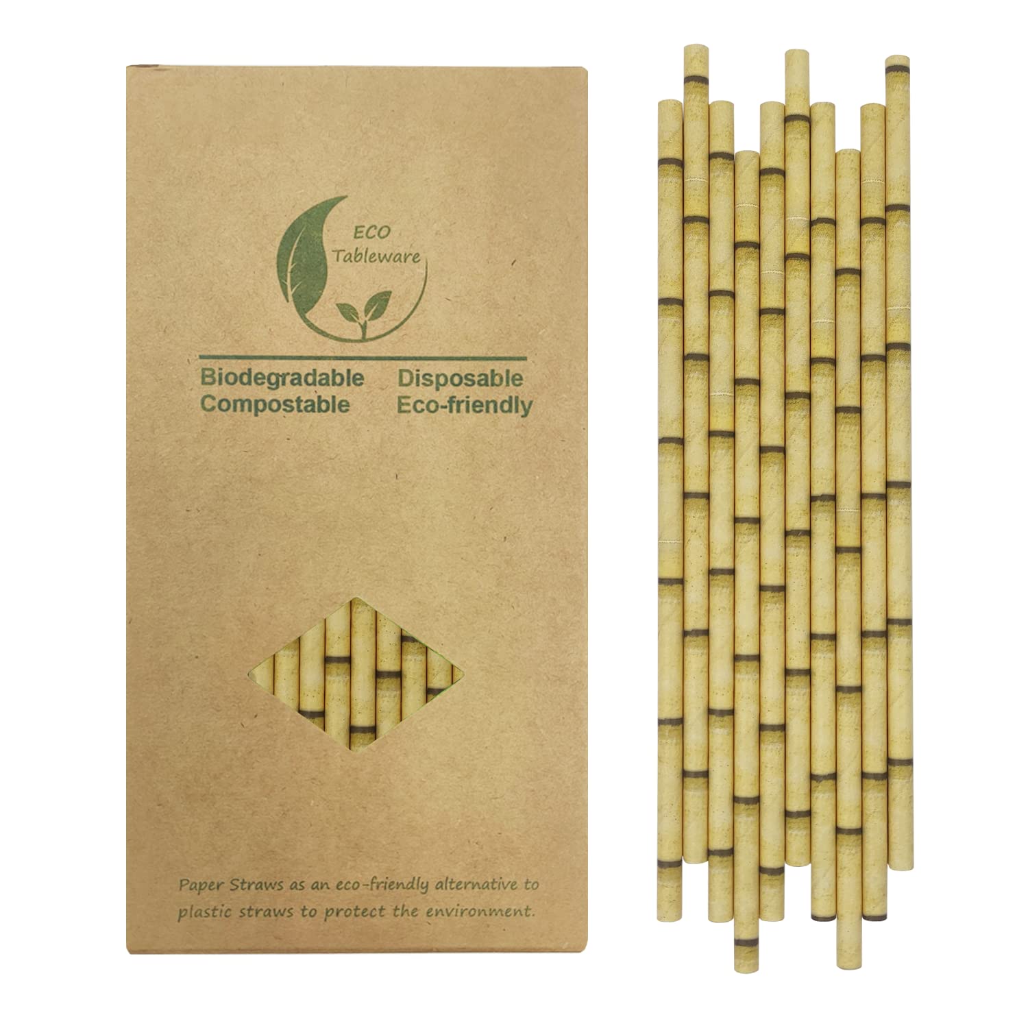 Dispoable Yellow Bamboo Design Paper Drinking Straws, Pack of 100 Bamboo Pattern Paper Straw for Cocktail, Juice, Coffee