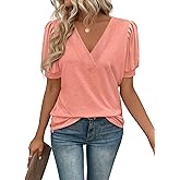 Enunube Short Sleeve V Neck Tops Women Beach Fashion Y2K T Shirts Lightweight Soft Tees Tunic Casual Loose Fit Blouse Classic Summer Blouses Outfits 2026,Pink, XXL-Old