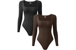 OQQ Women's 2 Piece Bodysuits Sexy Ribbed One Piece Square Neck Long Sleeve Tops