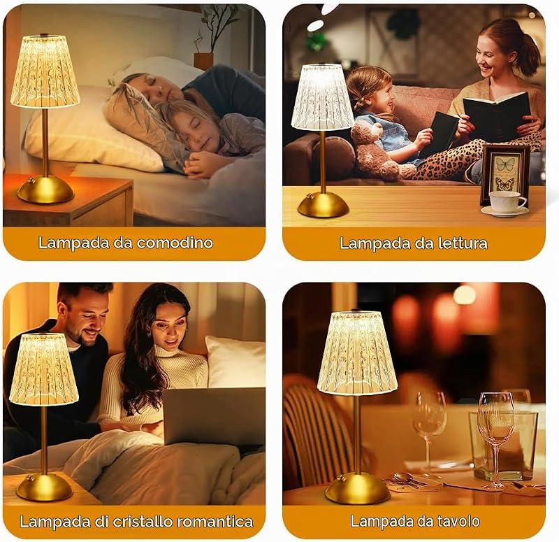 Lampada da Tavolo Ricaricabile e Senza Fili, 2000mAh Dimmerabile Abat Jour da Comodino Cristallo, Lampada da Comodino Touch Dimmerabile, 3 Colori USB-C, per Camera, Salotto, Ufficio, Bar, oro
