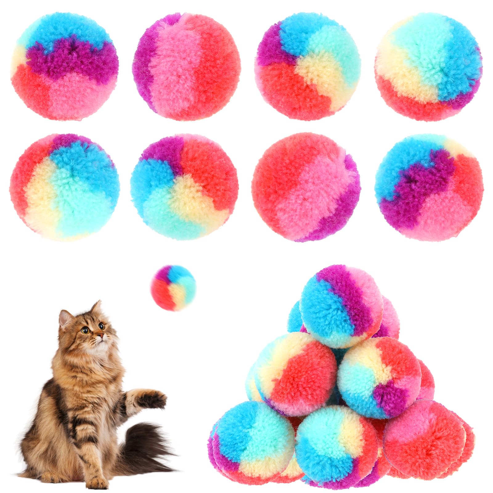 KALIONE 30 Pcs 1.2-Inch Colorful Cat Pom Pom Balls - Rainbow Toy for Christmas, Soft Plush Fuzzy Kitty Puffs for Kitten Pet Playing Exercising