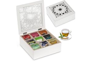 handrong Tea Box Tea Bag Organizer Wooden Tea Bag Holder Modern Tea Chest with 9 Compartments and Glass Cover for Home Tea Parties and Gift