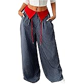 Floerns Women's Plus Size Striped Color Block Pants Wide Leg Baggy Trousers with Pockets