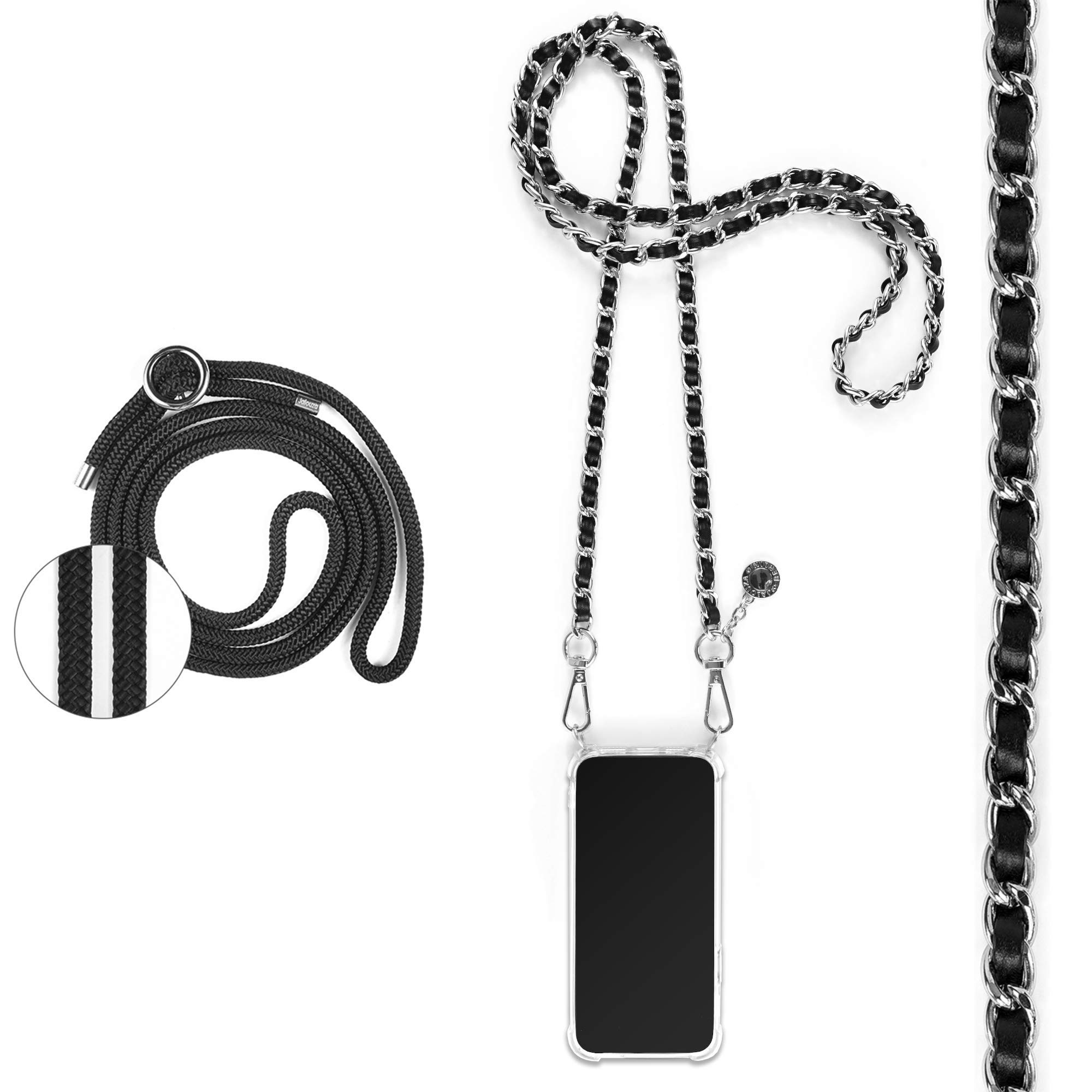 Jalouza Phone Necklace Chain Compatible with Huawei P30 Pro – Set with Silver Metal Chain, Transparent Case and Black Cord – Crossbody Case for Apple iPhone – Premium Phone Neck Holder