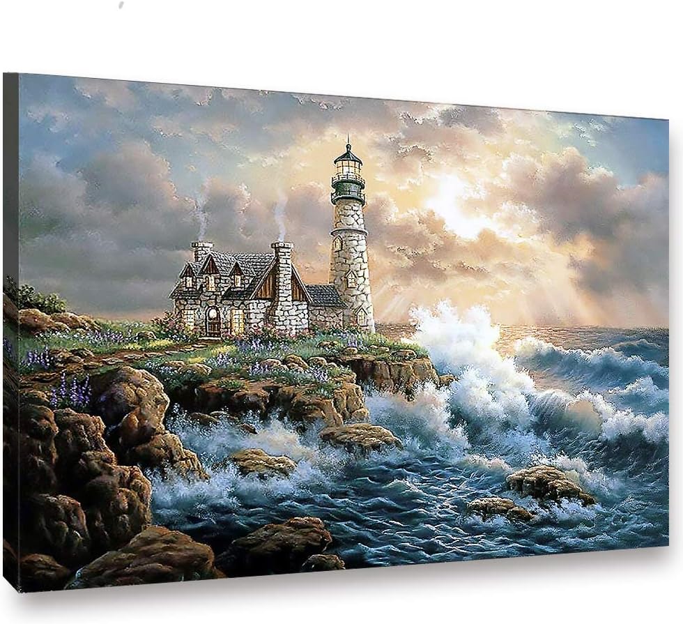 LIUDAO Oil Painting on Canvas - Light House Paint by Number Kit Inclued Brushes and Acrylic Pigment (16x20 Inches, with Wooden Frame)