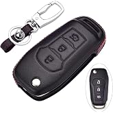 ROYALFOX(TM 2/3 Buttons Leather flip Remote Key Fob case Cover for 2015 2016 2017 2018 2019 Ford F150 F250,Focus 3 Escort Kuga Everest Fiesta Mustang Edge MKV S-MAX Fusion 2016 Ranger (Leather Black)