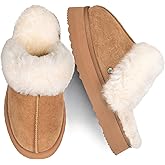 Parfeying Women's Shearling Slippers Genuine Leather with Rubber Sole, Sheepskin Fuzzy Indoor Outdoor Shoes for Home