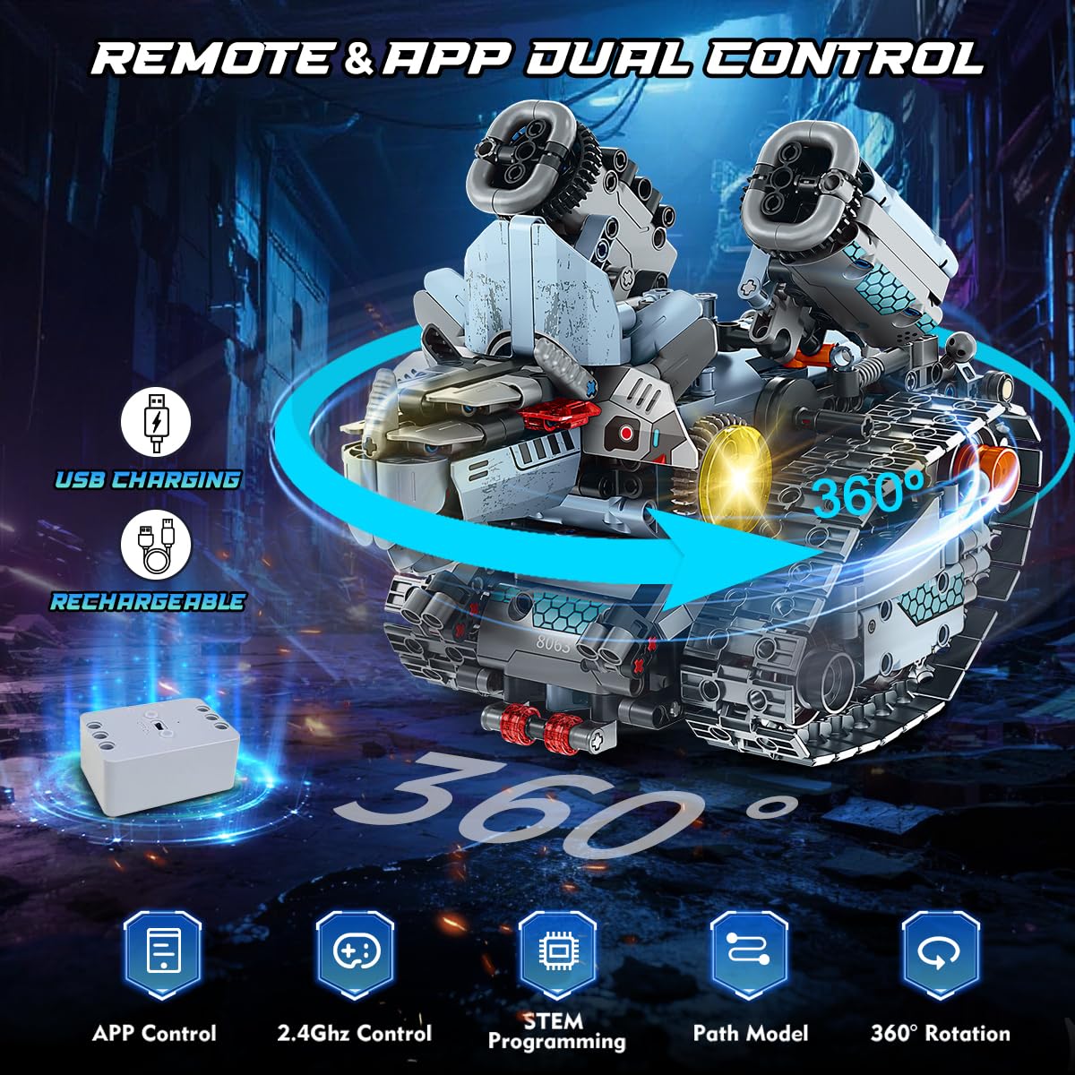 INSOON Technik Roboter Bauspielzeug mit Lichtern, 5-in-1 Roboter Klemmbausteine mit APP-& Fernbedienung, RC Panzer Bausteine 795 Stück, Lernspielzeug Geschenk für Kinder Jungen Mädchen ab 8 Jahren+ 5