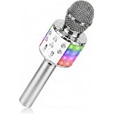 ShinePick Karaoke Microphone, 4 in 1 Wireless Microphone with LED Lights Handheld Portable Karaoke Machine, Home KTV Player, Compatible with Android &amp; iOS Devices (Silver)
