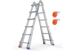 LUISLADDERS A Frame 6 Step Telescoping Ladder, 22 Ft Reach Height Muti Position Folding Ladder Flared Leg & Wheels Design, 330 lbs Capacity Extension Stepladder for Household Gardening Outdoor Work