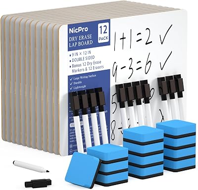 Nicpro 12 Pack Dry Erase Whiteboards A4 Double Sided 22 x 30 cm with 12 Pens