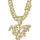 LCWLJL NEVER GIVE UP Hip-hop Cuban Chain, Pendant Miami Cuban Link Chain for Men, Gold/Silver Plated Diamond Necklace, Iced Out Hip Hop Necklace