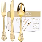 WDF 120PCS Gold Plastic Silverware - Heavy Duty Gold Plastic Cutlery Set Disposable Utensils - 40 Forks, 40 Spoons, 40 Knives, Perfect for Party Weeding Daily Use Valentine's Day