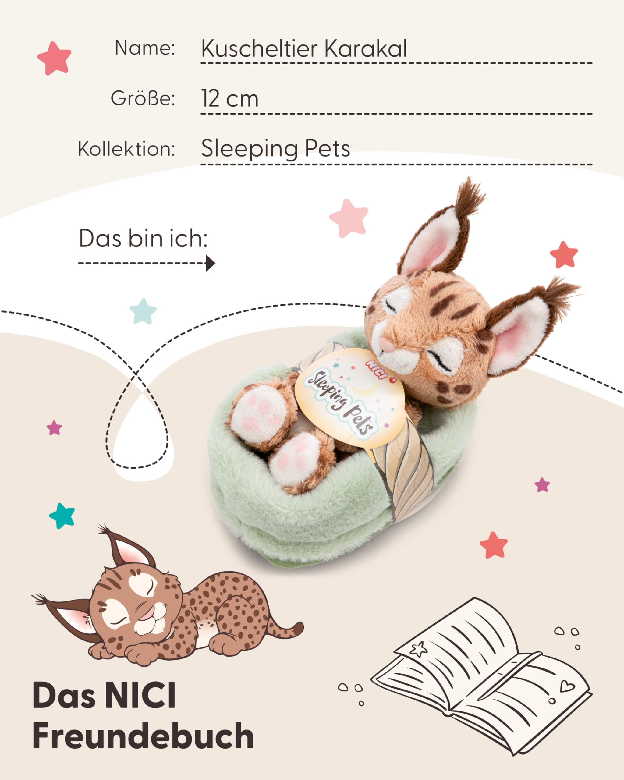 NICI Kuscheltier Karakal 12cm schlafend im Körbchen - braun - Stofftier aus weichem Plüsch, niedliches Plüschtier zum Kuscheln und Spielen, für Kinder & Erwachsene, tolle Geschenkidee - 62874 5