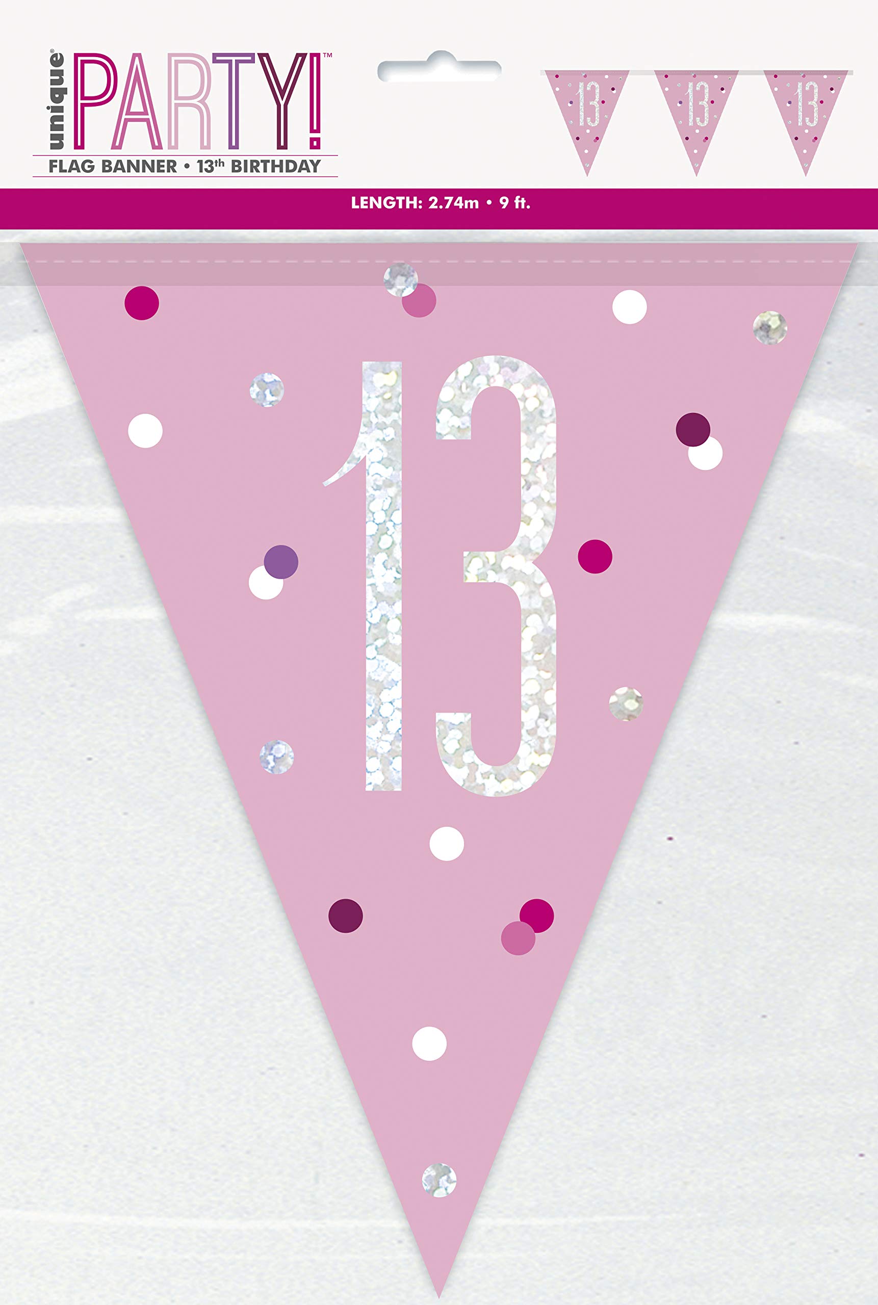 "13" Plastic Pennant Banner - 9' | Pink and Silver | 1 Pc.