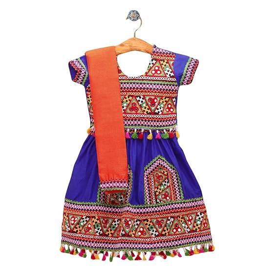 Kid1 By Hopscotch Baby Girls Cotton Cap Sleeves Choli With Pom Pom Lehenga in Blue Color