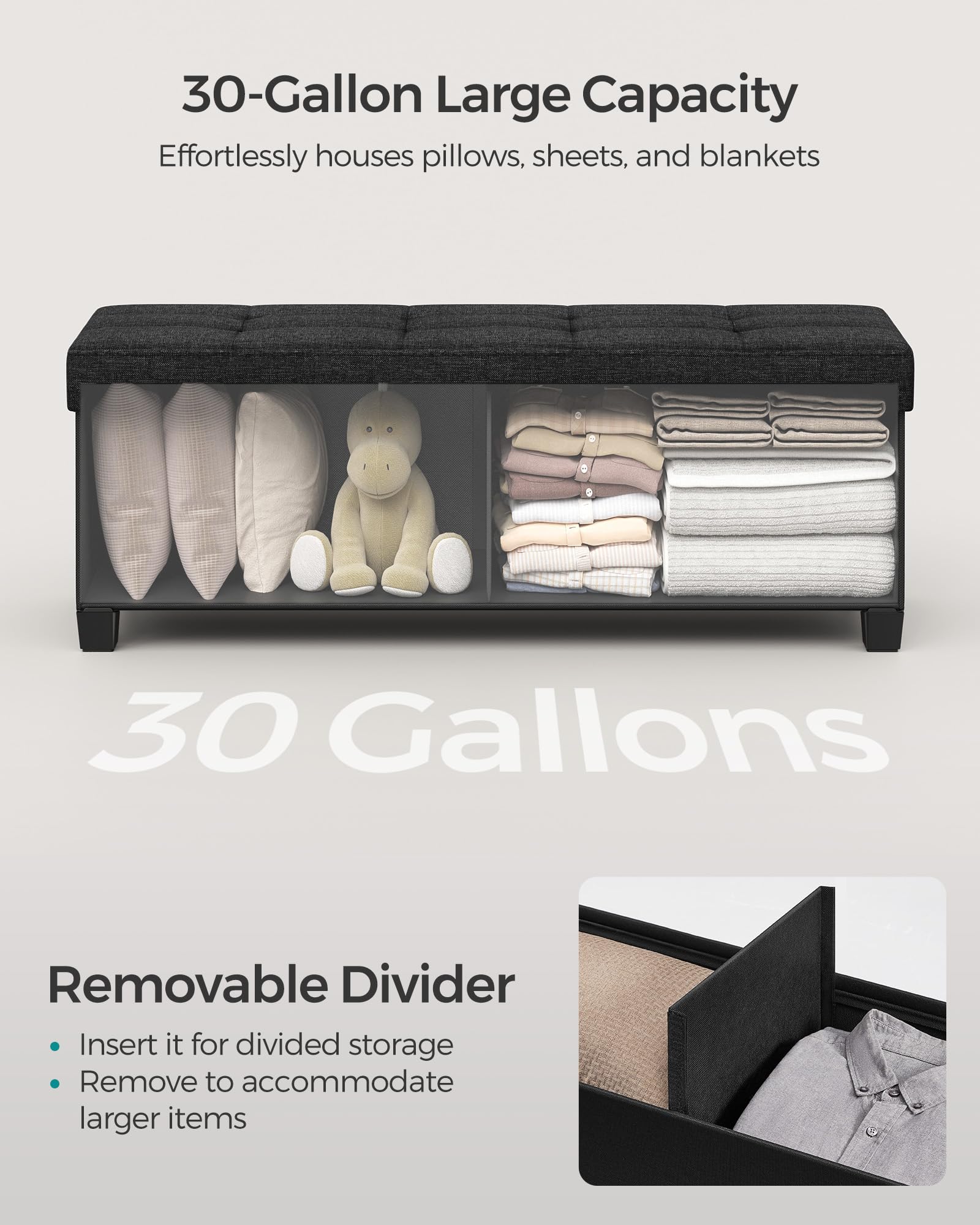 SONGMICS Storage Ottoman Bench, Foldable Foot Rest with Legs, 15 x 43 x 15.7 Inches, End of Bed Bench, Storage Chest, Load up to 660 lb, for Living Room, Bedroom, Entryway, Ink Black ULSF018B01 - Image 4