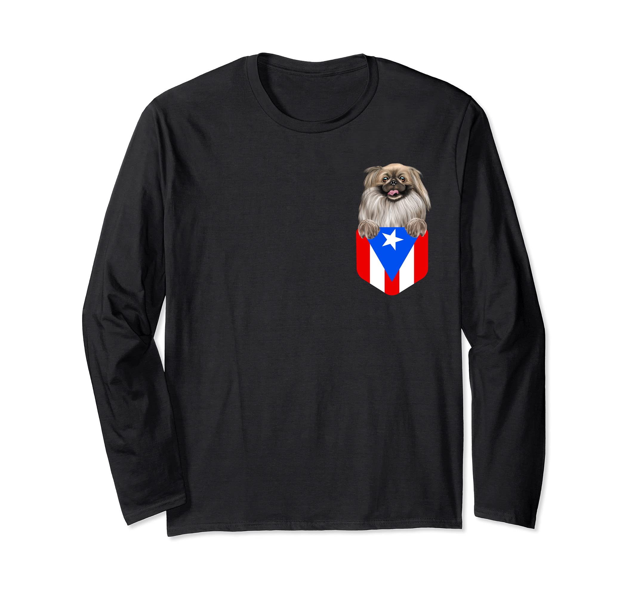 Puerto Rico Flag Pekingese Dog In Pocket Long Sleeve T-Shirt
