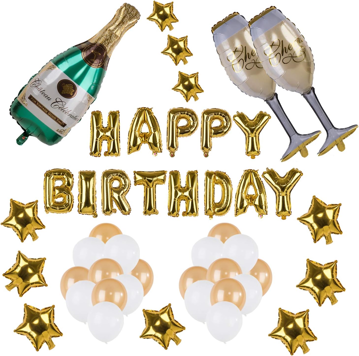 Kwayi Happy Birthday Decoration Set. Gold Balloon Party Supplies with Large Champagne Foil Balloons Gold Stars and Latex Balloons 38Pcs for Birthday Supply
