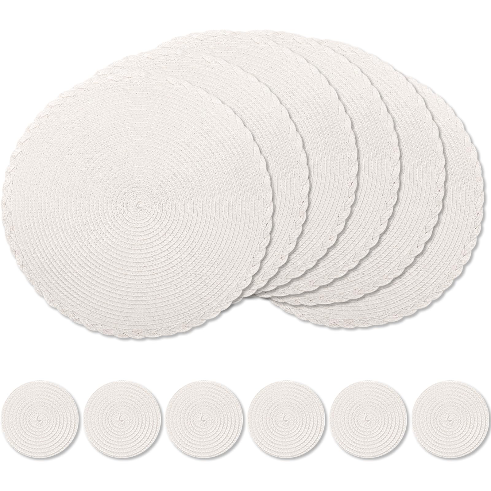 wiipara Round Woven Placemats Set of 6, 34 cm Kitchen Coffee Table Mats with Coasters Heat Resistant Wipeable Table Placemats for Dining Table, Home, Restaurant, Hotel, Cafes (Cream)