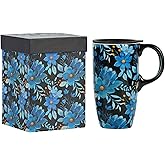 Voltogar Ceramic Coffee Mug Travel Cup Gift with Lid 17oz, Porcelain Tall Tea Cup with Handle for Home & Office, Blue & Flower Art Pattern Mug in Gift Box, 6.5''H