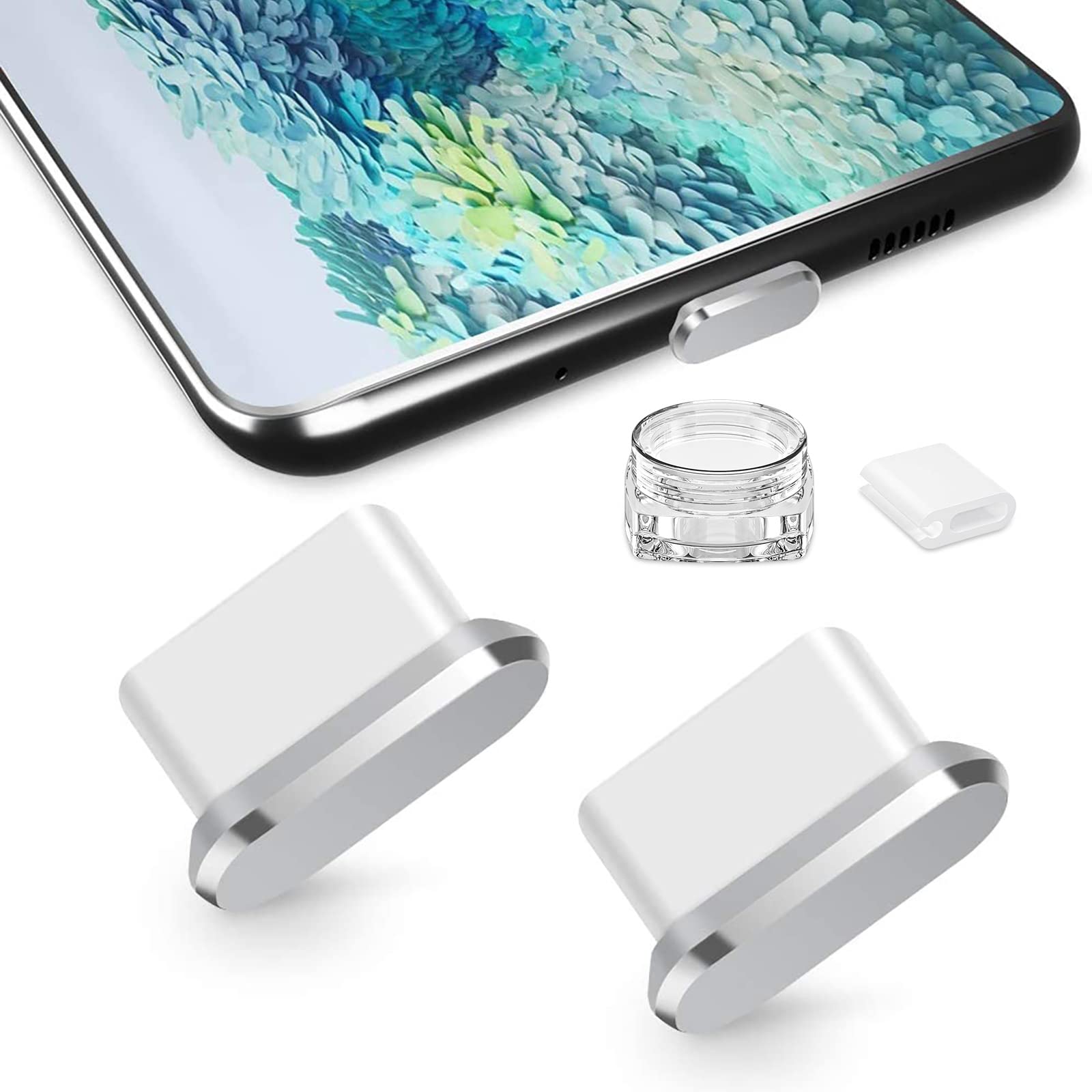 TITACUTE USB Type C Anti Dust Plugs 2 Pack, USB C Dust Cap Port Plug S20 Type C Dust Cover with Mini Carrying Box for Samsung Galaxy S20 FE S21 S20+ S20 Ultra OnePlus Nord 2 5G 8T 8 7T 9 Pro Silver