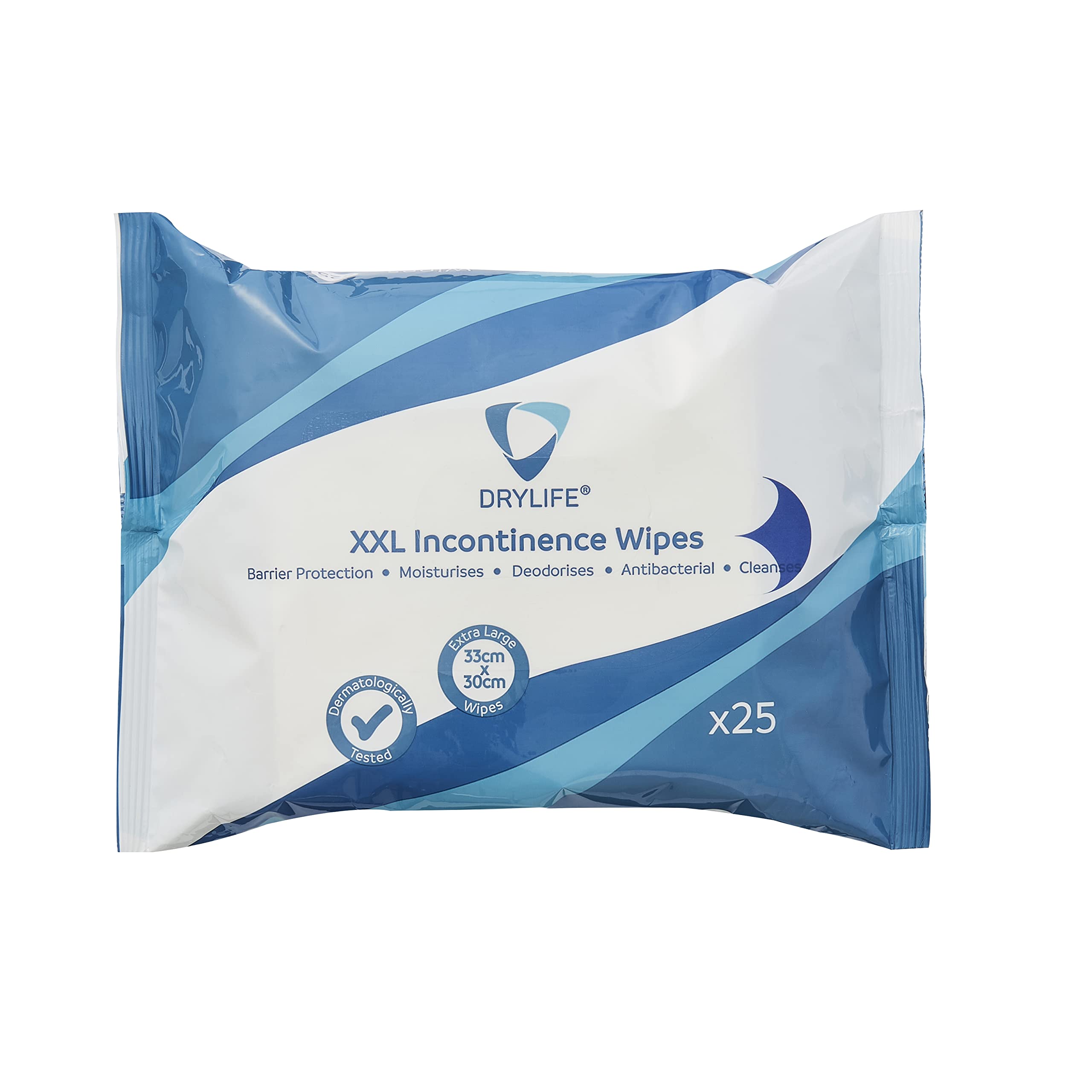 Drylife Premium 5-in-1 Fragranced Disposable XXL Incontinence Wipes | Moisturising Antibacterial Barrier Protection Skin Cleansing Cloths (1 Pack of 25)
