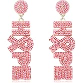 HZEYN Beaded Breast Cancer Awareness Earrings Rhinestone Hope Pink Ribbon Earrings Survivor Warrior Dangle Earrings for Women