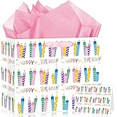 Innovoscape Pink Birthday Gift Bag for Girls Women Colorful Candles Gift Bags with Tissue Paper and Card Pastel Bday Party Favors for Kids Baby Shower Women Teens Bday Party Decoration Supplies