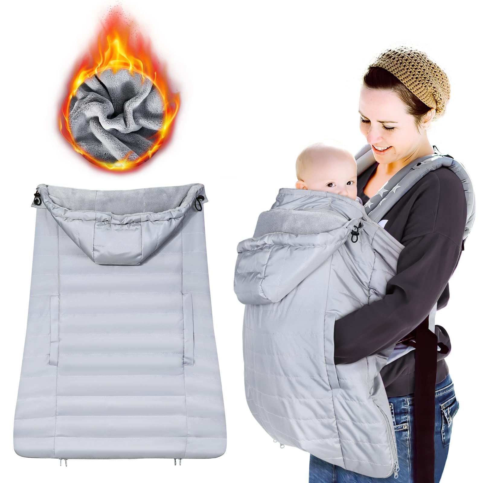 Orzbow Baby Carrier Rain Cover, Waterproof Baby Carrier Cover with Removable Top, Baby Carrier Cover Winter with Warm Coral Fleece Liner, Lightweight, Front Pocket, Light Grey