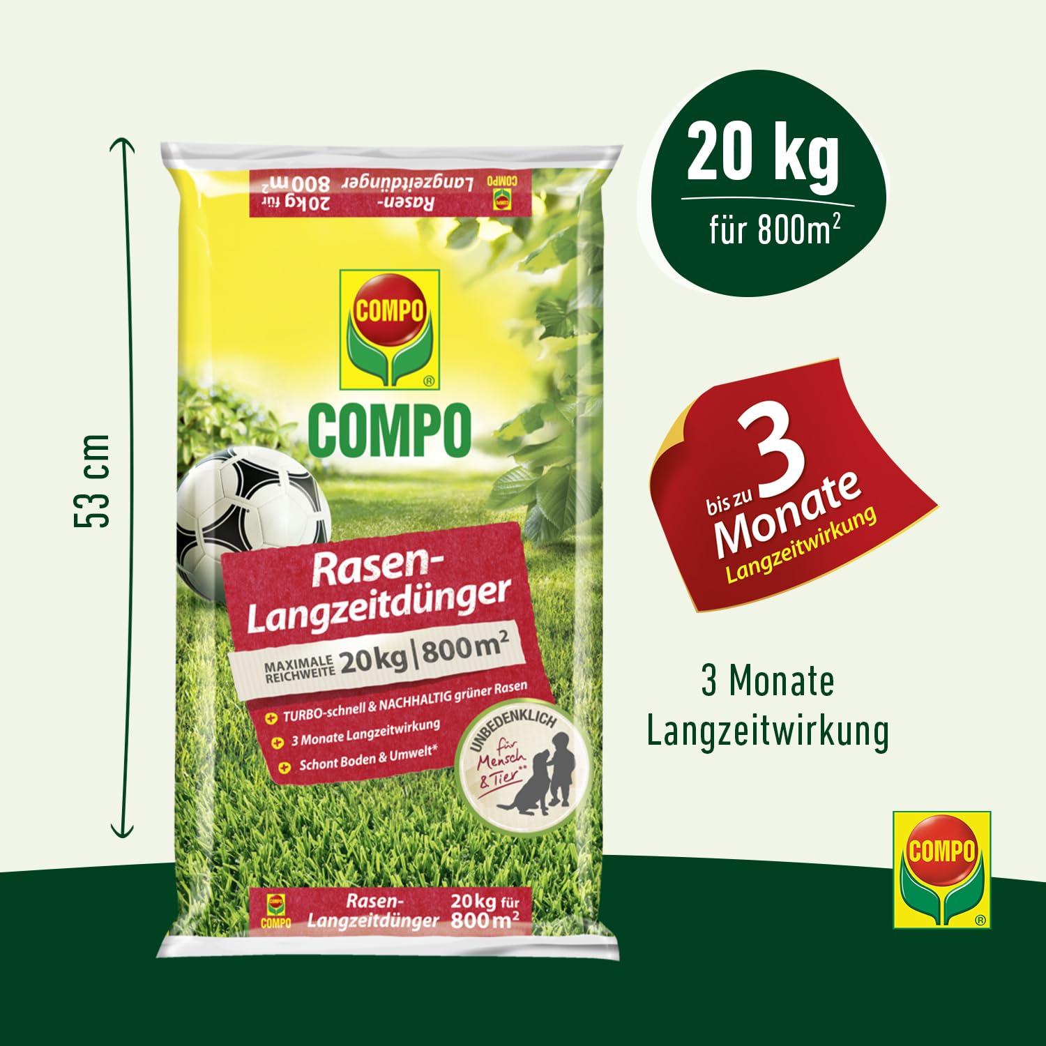 COMPO Rasendünger mit 3 Monaten Langzeitwirkung für Frühjahr und Sommer - tierfreundlich - Premium Rasen-Langzeitdünger - 20 kg für 800 m² - 20 kg für 800 m² 3