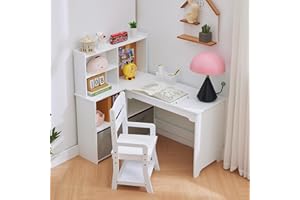 Garvee Kids Corner Desk, Desk and Chair Set for Children, L Shape Kids Study Table - Features Bulletin Board Open Shelves & Storage Cabinets and Cloth Drawers, White