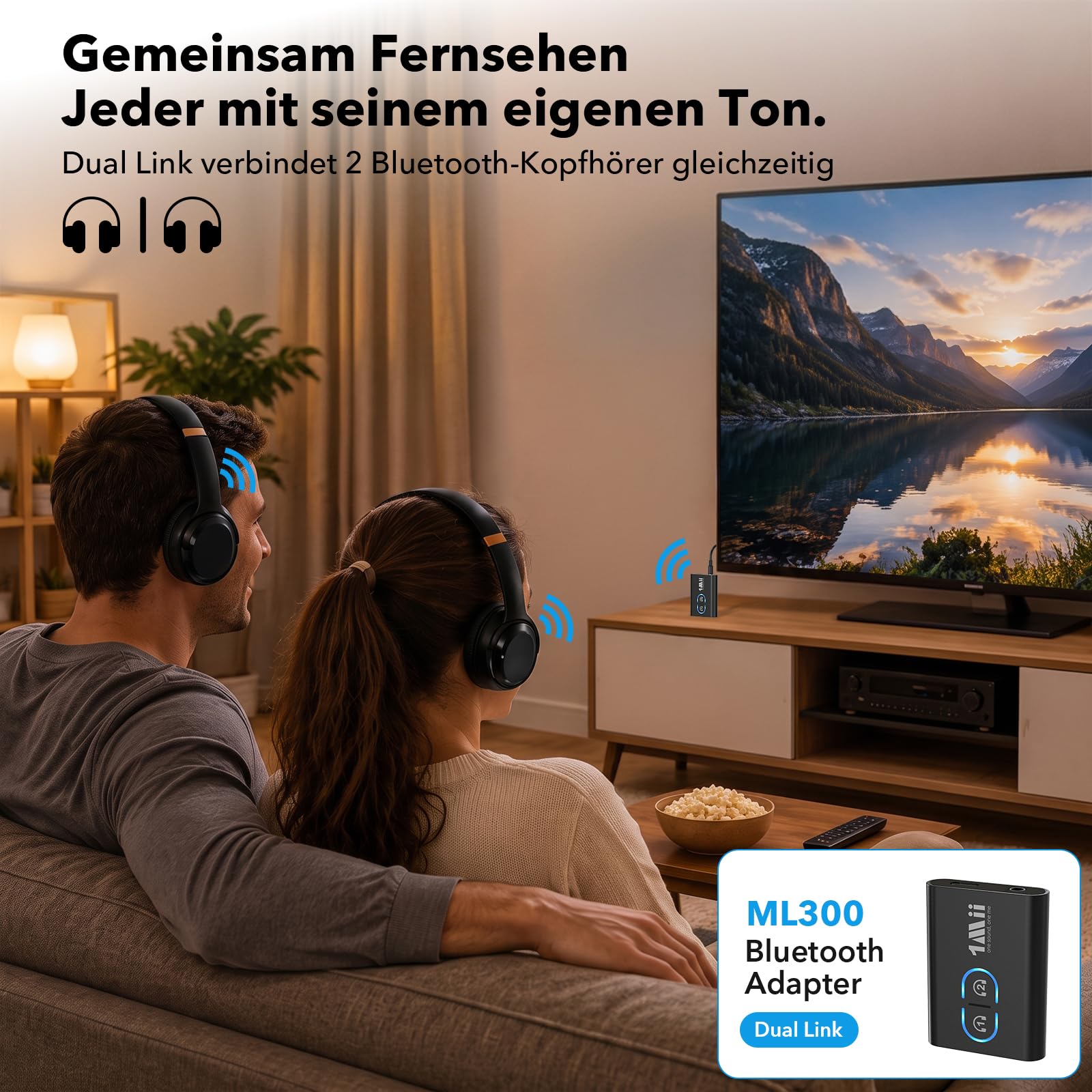 1Mii ML300 Bluetooth 5.3 Adapter für TV und Kopfhörer, 2-in-1 Sender Empfänger, Bluetooth Transmitter mit Dual Link, aptX Adaptive/HD Low Latency, 3,5mm Klinke AUX für Stereoanlage 4